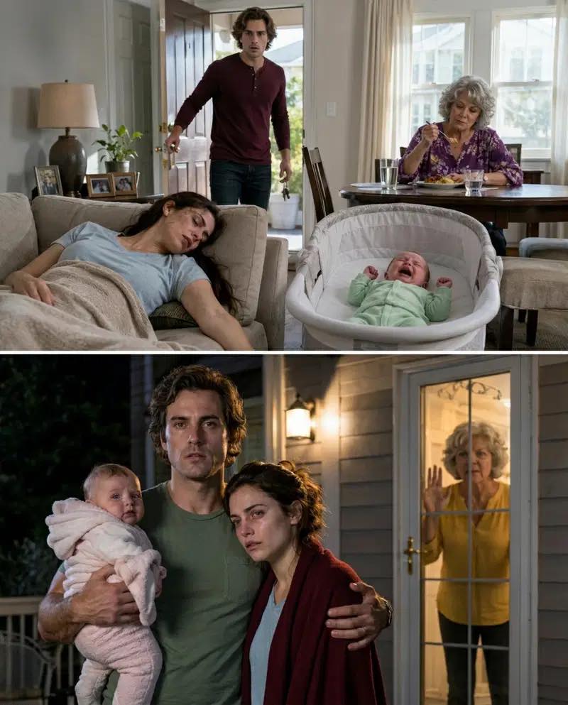 My wife was so exhausted she could barely stand, but my mother insisted on “helping” with the baby. I came home early and found my wife fainting on the sofa while my mother sat nearby, ignoring the baby’s frantic cries and eating a meal my wife had