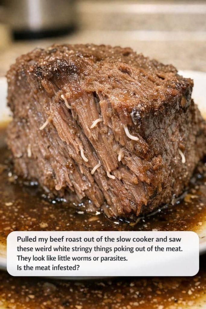 Pulled my beef roast out of the slow cooker and saw these weird white stringy things poking out of the meat. They look like little worms or parasites.