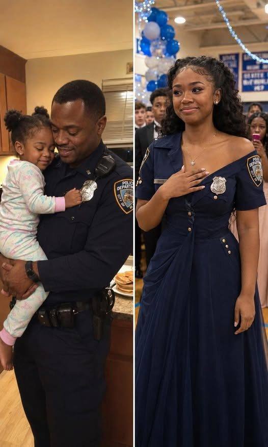 My daughter wore a prom dress she made from her late father’s police uniform. When a girl poured punch all over it, she just stood there, trying to clean his badge. Then the girl’s mother took the mic… and exposed something no one saw coming.