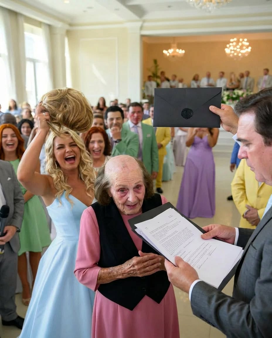 My daughter-in-law ripped off my wife’s wig at my son’s wedding, revealing the traces of months of treatment while some guests laughed. I went on stage, covered my wife with my jacket, and opened the wedding envelope… When she saw the documents inside, her smile suddenly…