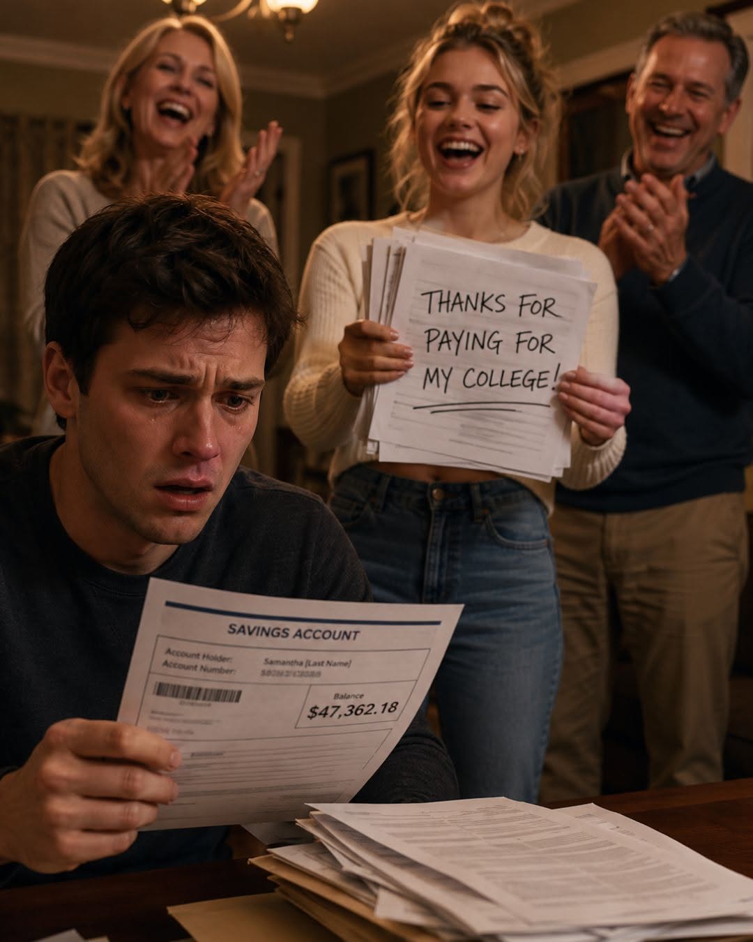 “Look what I found—your little savings account,” my sister laughed, waving a stack of documents while my parents applauded her. “Thanks for paying for my college!”