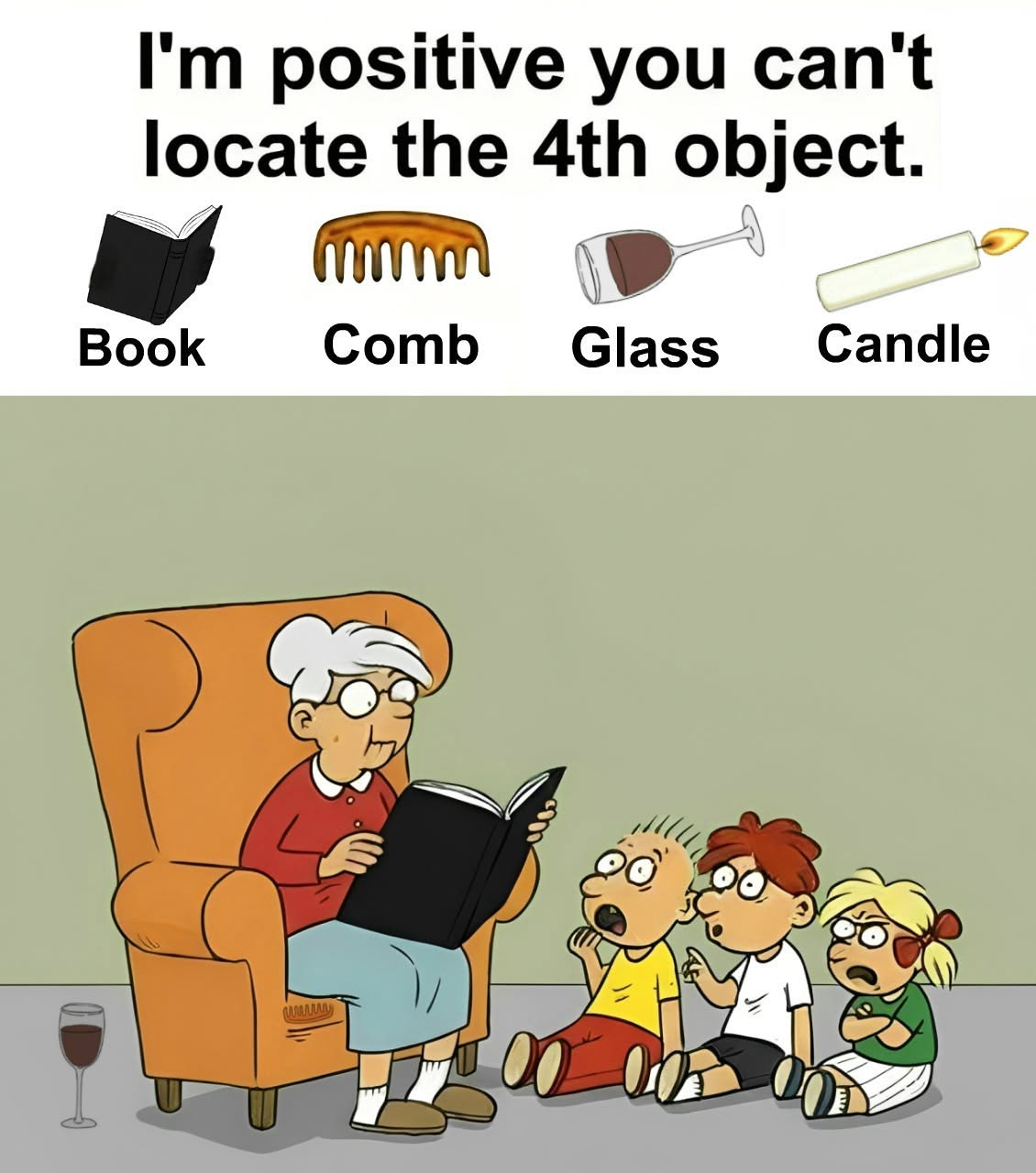Find Book, Comb, Glass, Candle.