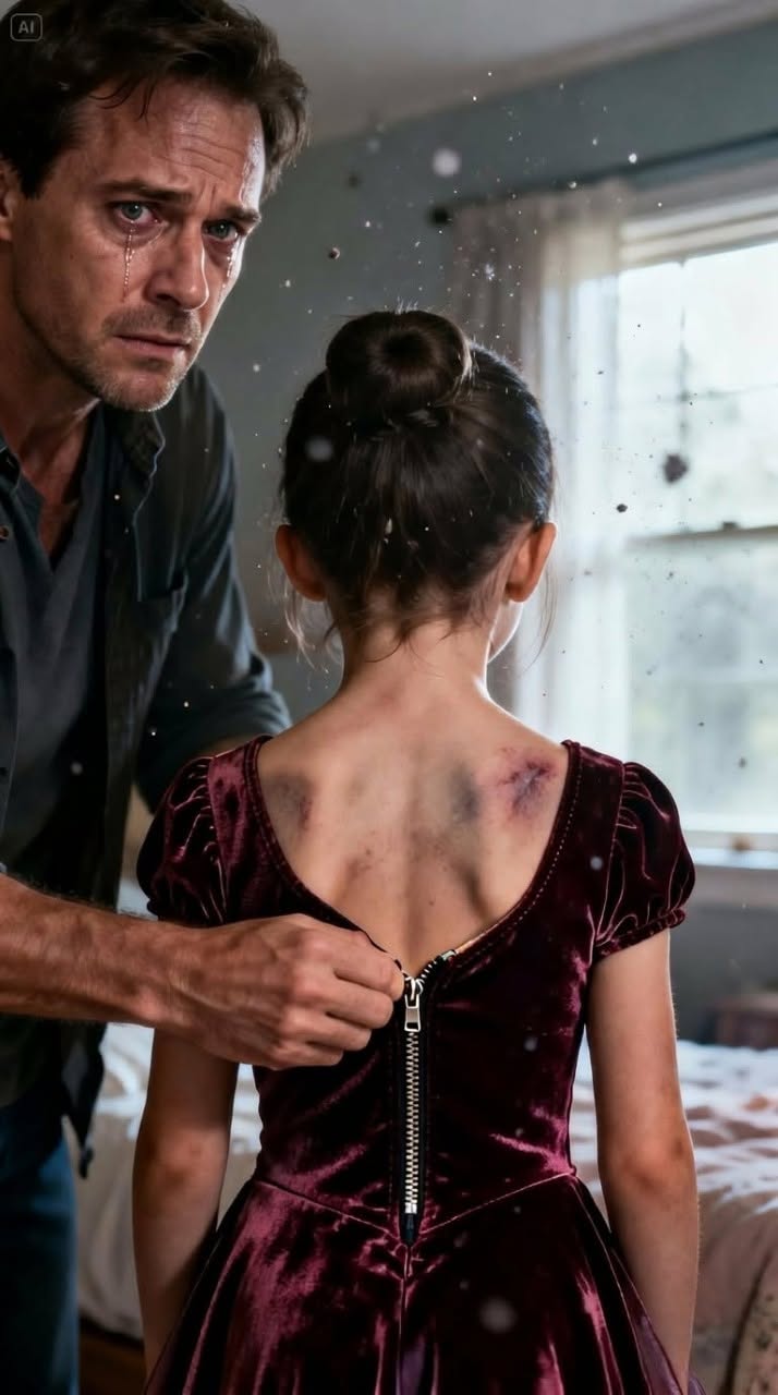 My 8-year-old secretly lifted her shirt, revealing horrific bruises covering her spine. “Grandpa Richard did it. He calls it discipline,” she sobbed. “I told Mom, but she said I was overreacting.” My blood boiled. Downstairs, my wife was getting ready to take our child back to her abuser. I didn’t scream. I grabbed a duffel bag and whispered, “We’re leaving.” Suddenly, the brass doorknob slowly began to turn. My daughter gasped in pure terror sbl.