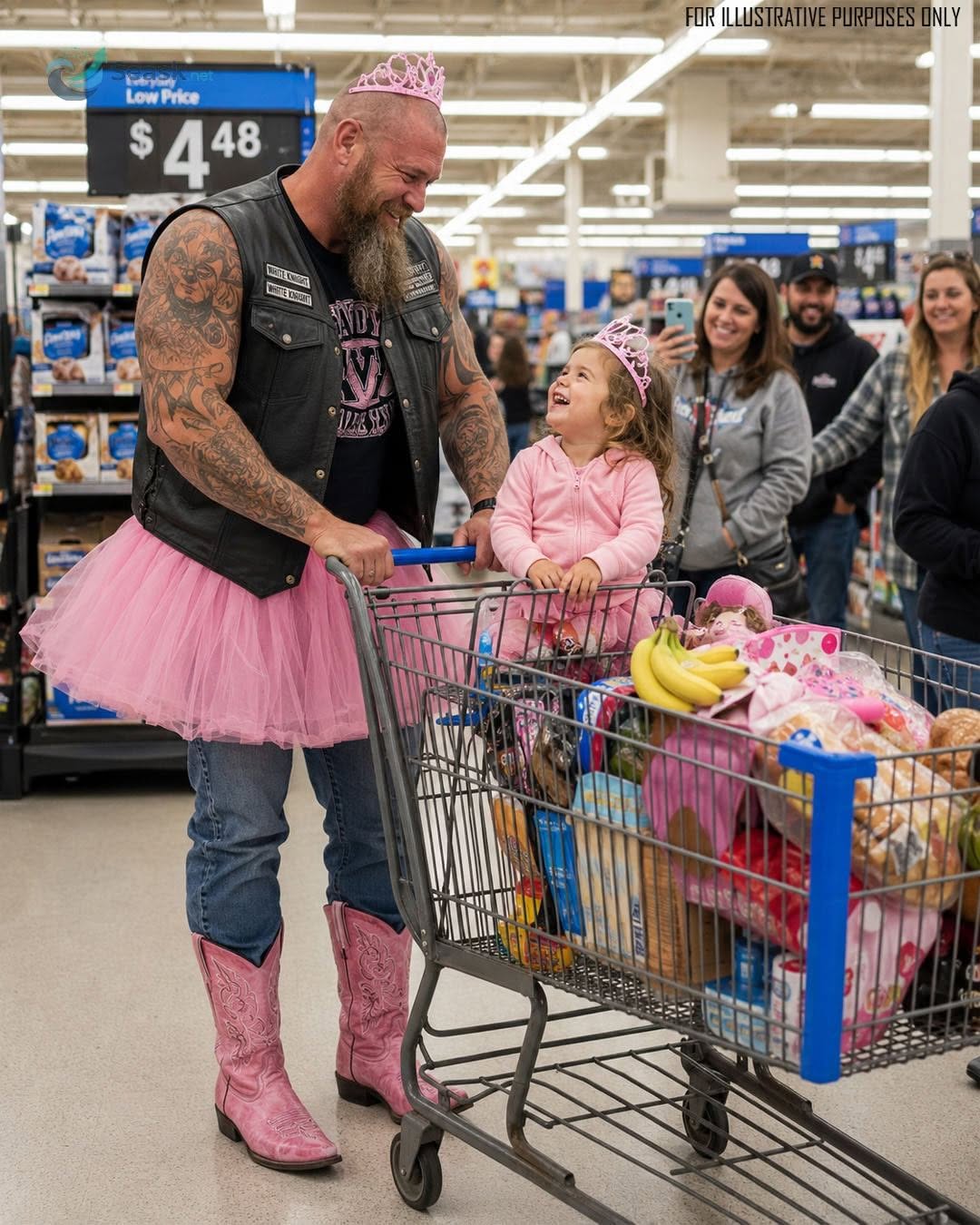 People laughed at a 6’6 biker in a princess crown and pink boots—until they learned he was wearing 78 outfits for his daughter, and the entire store was moved to tears