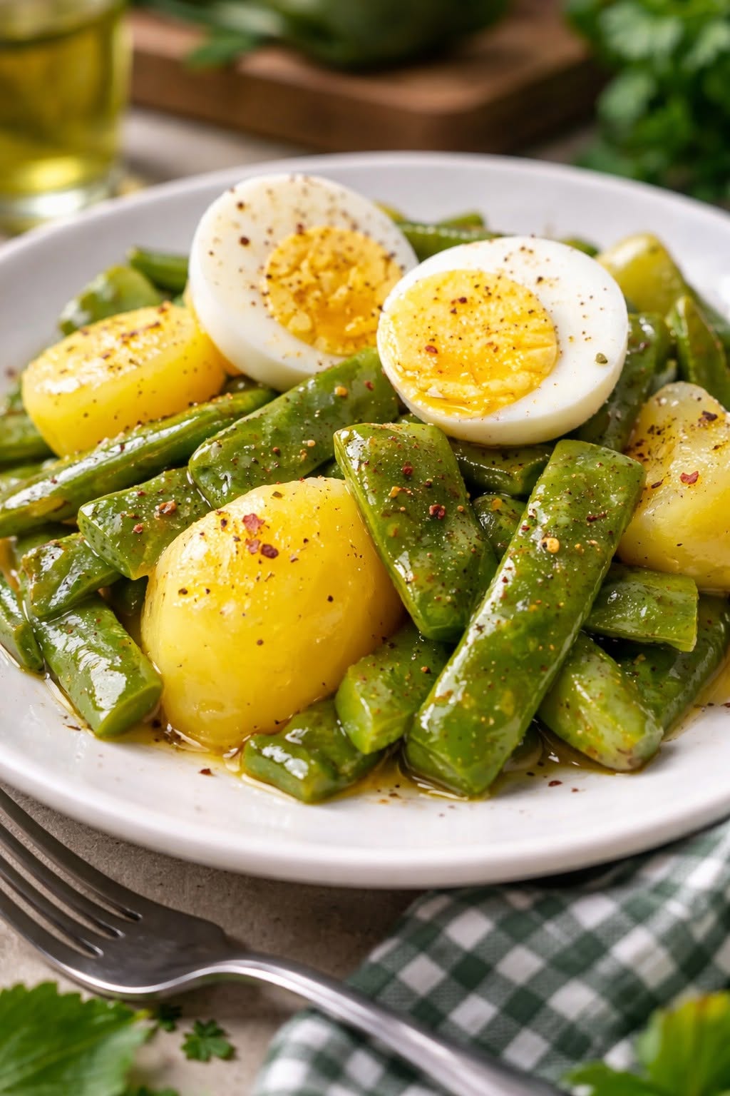 Cooked green beans with potatoes and vinaigrette