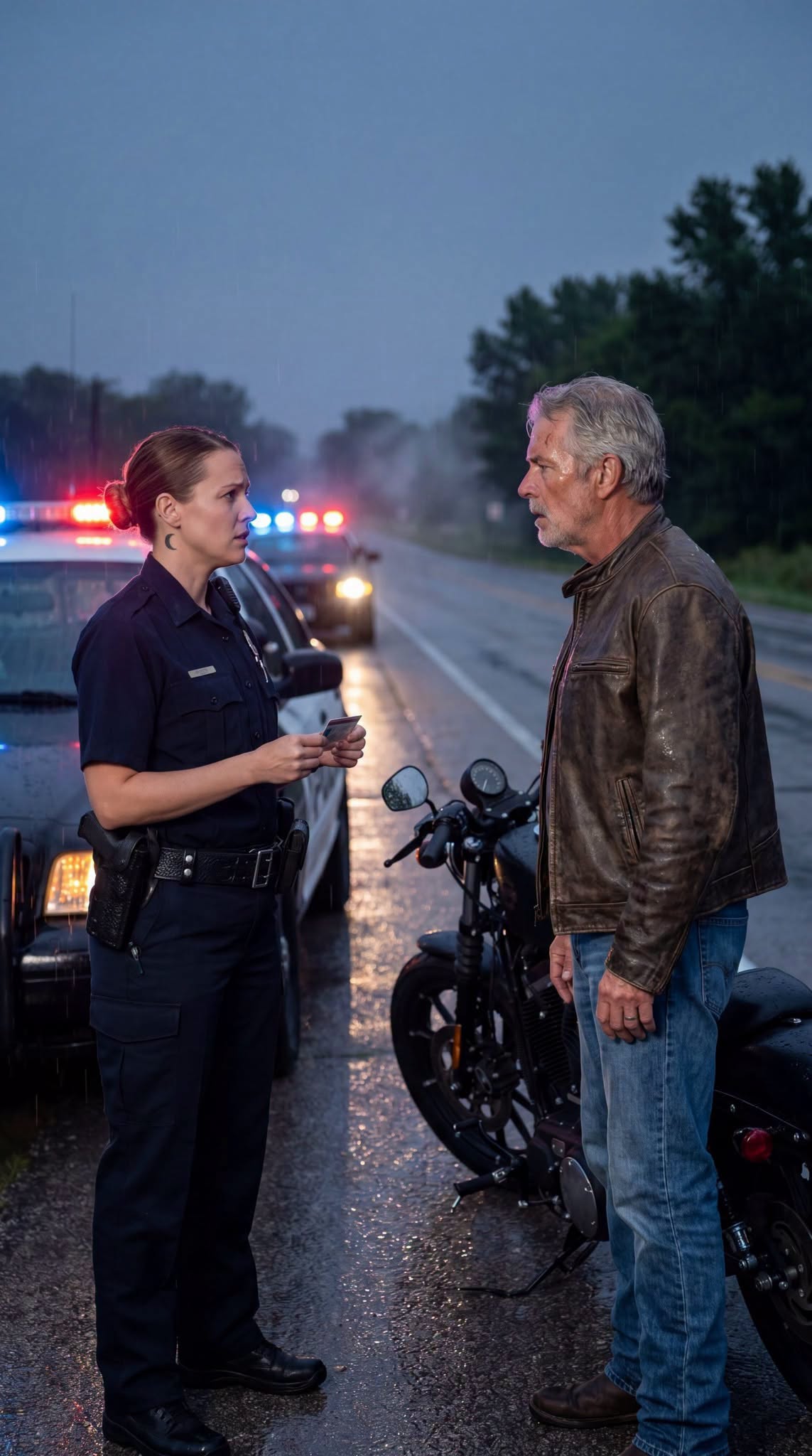 A Young Police Officer Thought She Was Checking a Routine License on a Rainy Night — But the Older Biker Looking Back at Her Could Barely Hold Back Tears When Her Eyes Suddenly Locked on the Name on His License