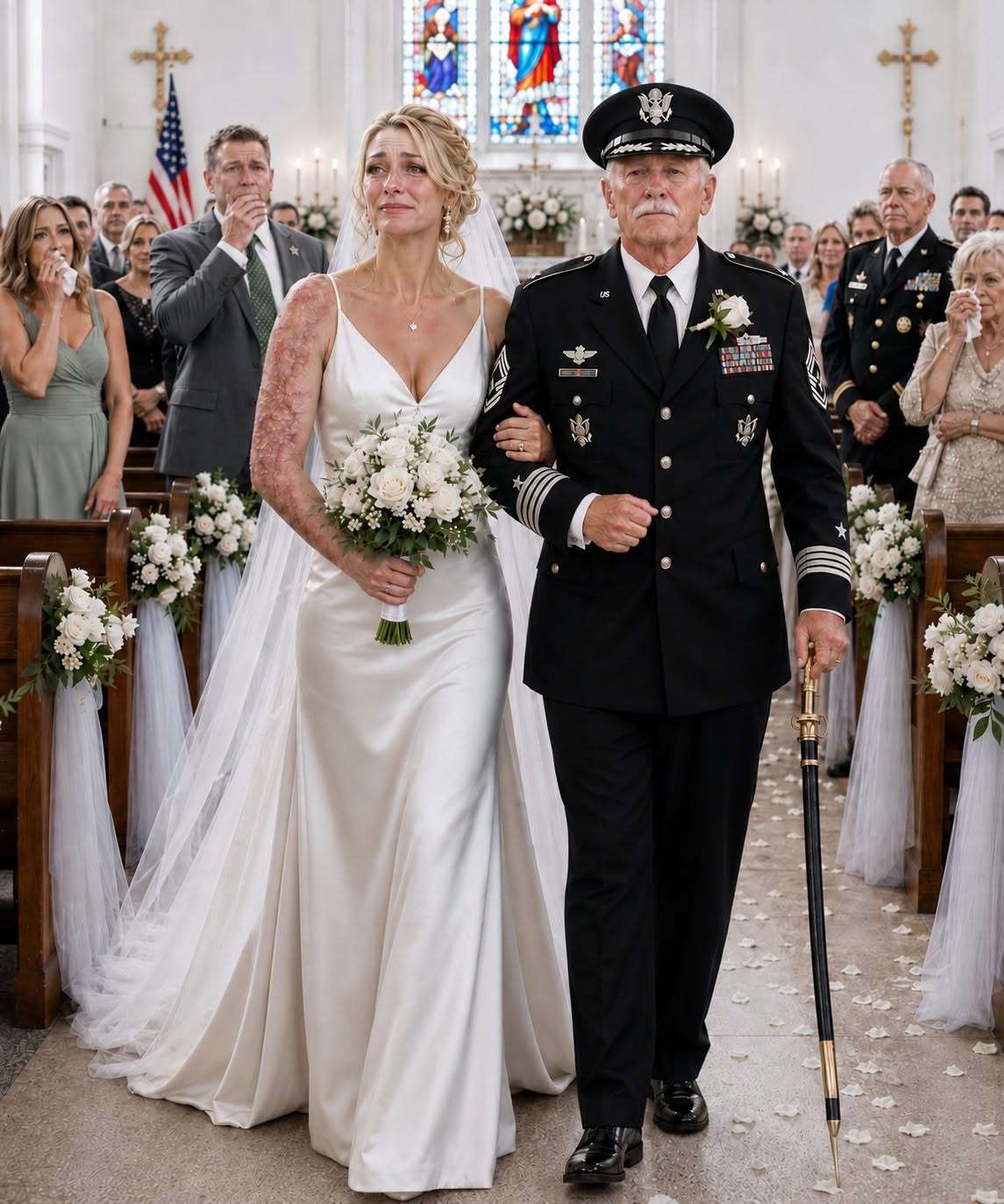 My father saw my scars and refused to walk me down the aisle. As I held back tears, a four-star Navy admiral entered, offered his arm, and said, “I know exactly how you earned them, Lieutenant.”