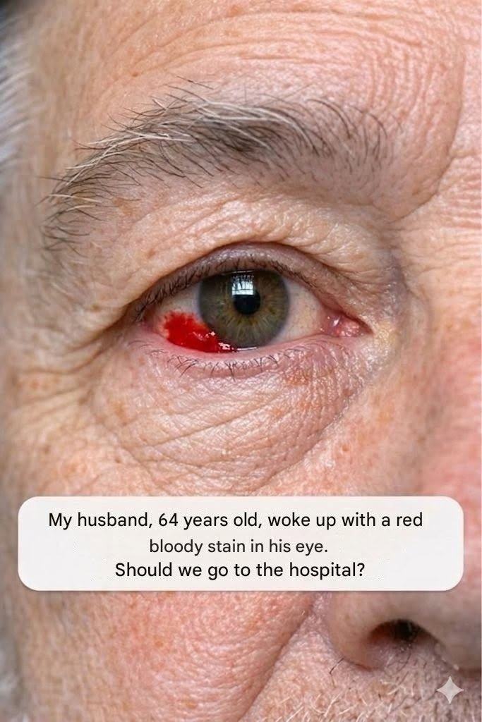 My 64-year-old husband woke up with a red, bleeding spot on his eye. Should we go to the hospital?