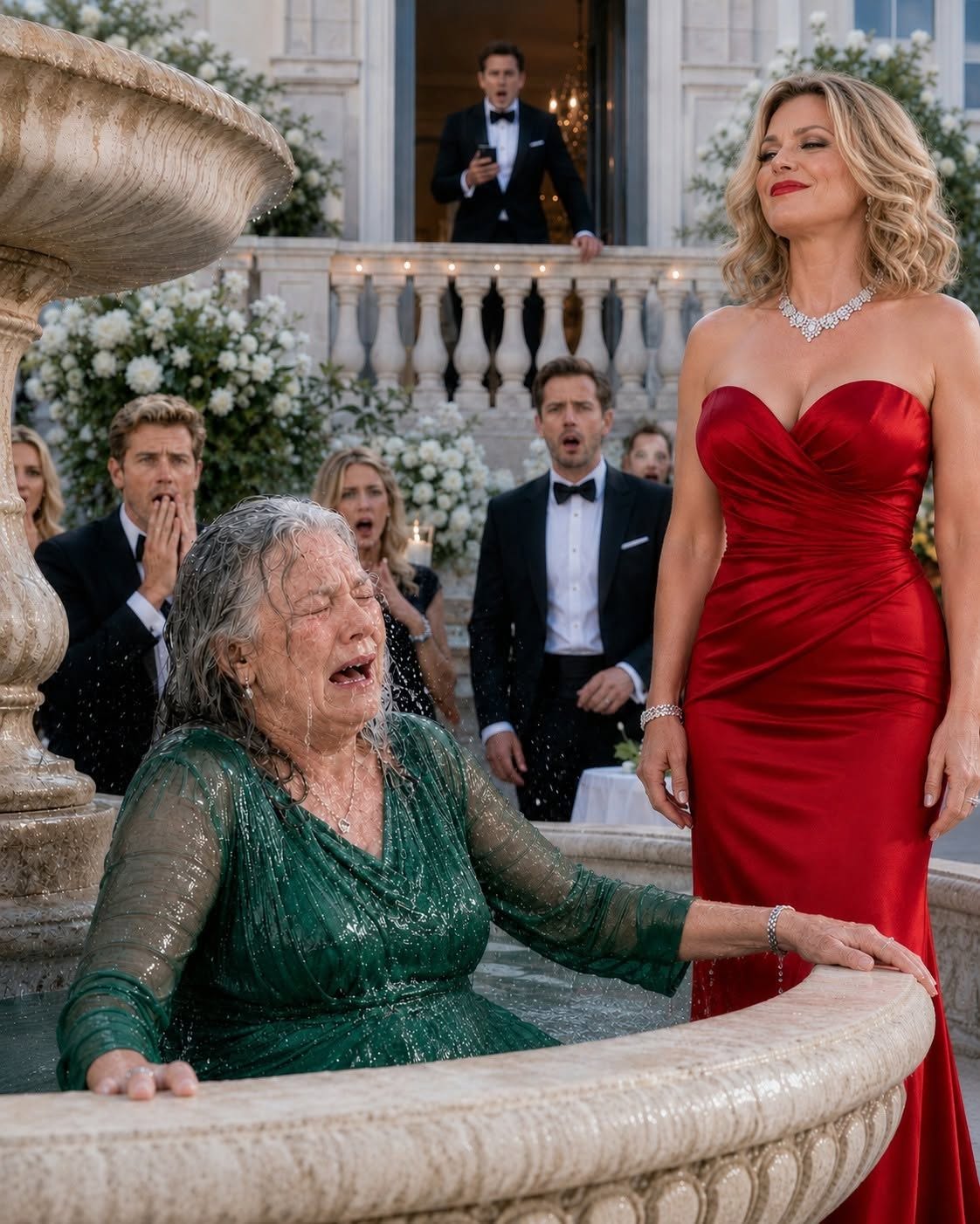 At our lavish engagement party, I watched from the balcony as my fiancée purposefully sh0ved my mother into the decorative fountain. “Your cheap clothes are ruining my aesthetic,” she laughed with her rich friends.