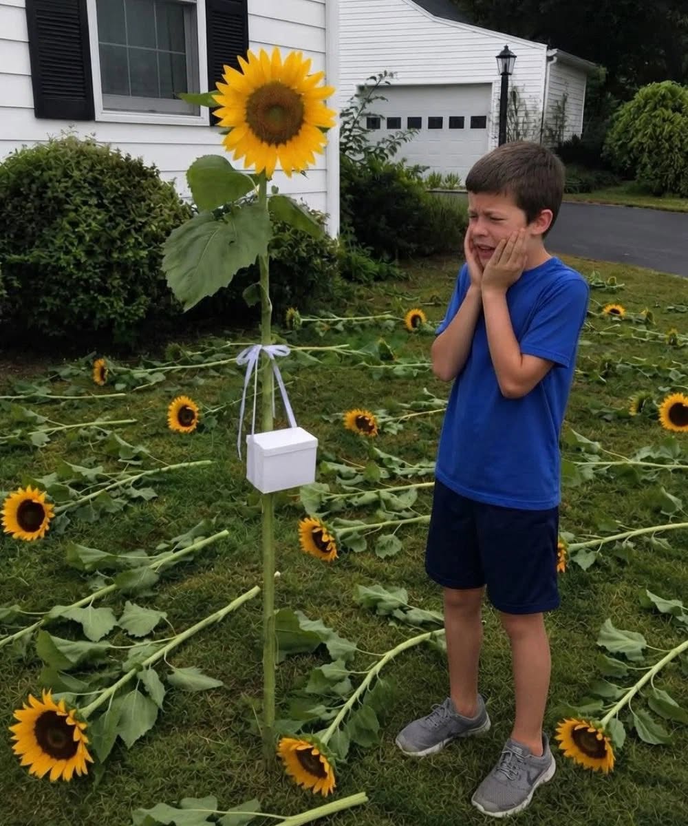 Every Year My Son Planted Sunflowers for His Twin Sister – One Morning, We Found Every Flower Cut Down Except One, with a Small White Box Hanging from It