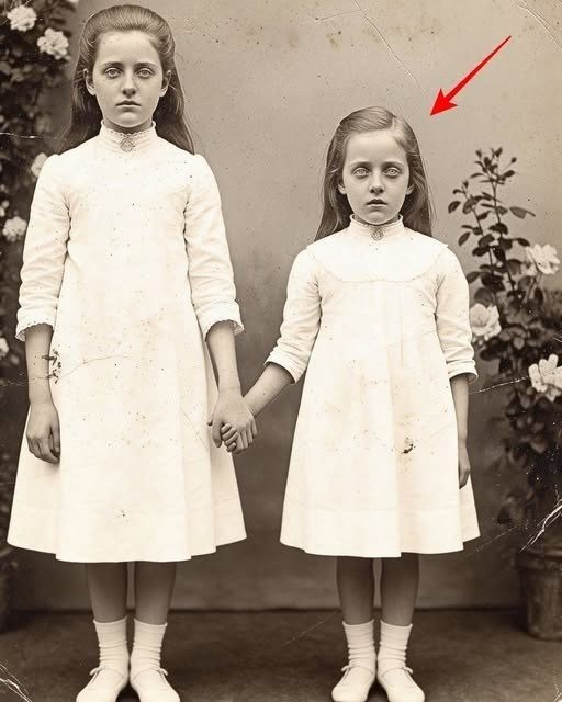 ” This 1895 Photo of a Girl Holding Her Sister’s Hand Seemed Normal — Until Restoration Revealed………” When museum curator Dr. Helen Foster examined this 1895 photograph in 2021, she saw what everyone else had seen for 126 years. Two sisters in matching white dresses holding hands in a garden, their faces serious in that typical Victorian way. The photograph had been donated anonymously to the Boston Historical Society with only a handwritten note. The Davy’s sisters, 1895. May they finally rest. Helen almost filed it away without a second thought. But then she noticed something odd about the smaller girl’s hand. The way the fingers curled, the unnatural angle. She ordered a highresolution scan. What the restoration revealed made Helen understand why this photograph had been hidden for over a century and why the note said, “Finally, rest. This isn’t just a photograph of two sisters. It’s a photograph of a promise that lasted beyond death. The photograph arrived at the Boston Historical Society on March 15th, 2021 in a plain manila envelope with no return address. Inside was a single sepia toned photograph approximately 5×7 in mounted on thick cardboard backing typical of 1890s studio photography. The image showed two girls standing in what appeared to be a garden. The older girl, perhaps 10 or 11 years old, stood on the left wearing a white Victorian dress with lace collar and puffed sleeves. Her dark hair was pulled back severely from her face. Her expression was solemn, almost haunted. Beside her stood a smaller girl, maybe six or seven, also in white. She was shorter, thinner, with the same dark hair and serious expression. The younger girl’s right hand was held by the older girl’s left hand. Their fingers were intertwined tightly. Behind them was a backdrop of climbing roses on a trellis. Soft afternoon light suggested the photograph had been taken outdoors, which was unusual for the era when most portraits were done in studios with controlled lighting. At the bottom of the photograph, written in faded brown ink, were the words, “Liy and Rose Davies, June 1895. ” The accompanying note written on modern paper in shaky elderly handwriting, said only, “The Davy’s sisters, 1,895. May they finally rest. I can’t keep this any longer. Someone should know the truth. Dr. Helen Foster, age 52, had been curator of the photographic archives at the Boston Historical Society for 18 years. She had seen thousands of Victorian photographs. This one seemed unremarkable at first glance, just another formal portrait of children from a wealthy family, the kind of image that filled countless archives across the country. But something bothered Helen. She couldn’t quite identify what it was. She examined the photograph more closely with a magnifying glass. The older girl, Lily, according to the inscription, had her eyes focused directly on the camera. Her expression was difficult to read, not quite sad, not quite angry, something closer to resignation or perhaps determination. The younger girl, Rose, had her head tilted slightly toward her sister. Her eyes were also on the camera, but they seemed unfocused, glazed. Her mouth was slightly open, and then Helen noticed the hand. Rose’s hand, the one holding Lily’s, had an odd quality to it. The fingers were curled in a way that didn’t seem natural. The skin tone appeared slightly different from the rest of her visible skin. darker perhaps or discolored in a way that the sepia tone didn’t quite hide. Helen pulled out her measurement tools and examined the photographs dimensions and mounting style. Everything was consistent with 1895 photography techniques. The image wasn’t a modern forgery, but there was something wrong about it that she couldn’t articulate. She decided to have the photograph digitally scanned at the highest possible resolution. The society had recently acquired a new scanner capable of capturing detail at 12,800 dpi, resolution that would reveal things invisible to the naked eye, things that Victorian photographers and viewers would never have seen. The scan was scheduled for March 18th, 3 days later. Helen placed the photograph in an archival storage box and tried to put it out of her mind…………..Full story below 👇👇👇