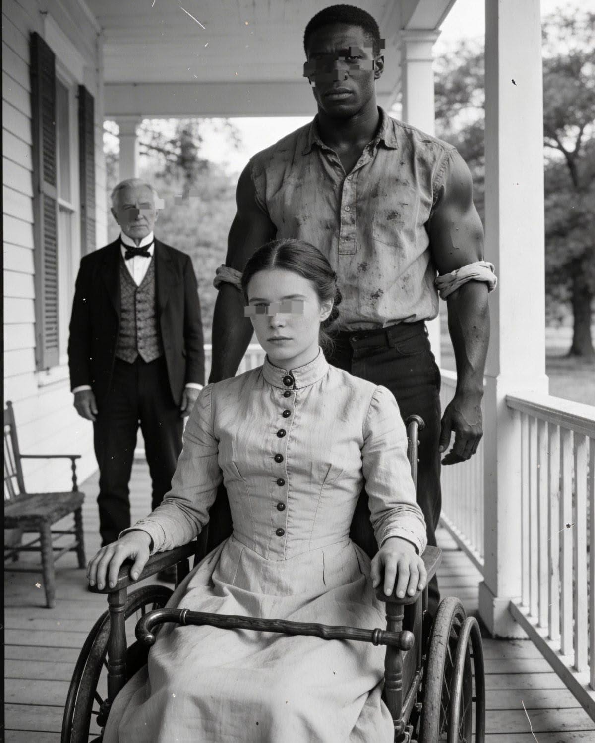 She was deemed unfit for marriage, so her father married her to the strongest slave. Virginia, 1856 They said I would never marry. Twelve men in four years came to my father’s Virginia plantation, looked at my wheelchair… and walked away. Some were kind. Most were not. “She can’t walk down the aisle.” “My children need a mother who can chase them.” “What’s the point if she can’t even have sons?” This last rumor, spread by a doctor who had never examined me, spread like wildfire in 1850s Virginia. At twenty-two, I wasn’t just disabled. I was defective. Defective goods. My name is Elellanar Whitmore, and by 1856, society had already decided my life was over before it had even begun. No one expected—not the twelve men, not the gossiping neighbors, not even me—that my father’s desperate solution would ignite a love so rebellious it would resonate for generations. But before you judge him… you must understand the cage we lived in. Virginia in 1856 was not kind to women. And it was even less kind to women who could not stand. My legs had been useless since I was eight. A horseback riding accident. A fractured spine. Fourteen years in a polished mahogany chair my father had commissioned, so elegant it made society forget what it symbolized. But they never forgot. The chair wasn’t the real problem. It was what it represented. Dependence. Fragility. A woman who, according to gossip, was incapable of fulfilling the duties of a wife. My father, Colonel Richard Whitmore, owned five thousand acres of land and two hundred slaves. He could negotiate cotton prices in three different states. But he couldn’t negotiate my value on the marriage market. After the twelfth rejection—a fifty-year-old drunk named William Foster, who rejected me even after my father offered him a third of our annual profits—I understood one thing clearly: I would die alone. My father understood this, too. And it terrified him. One evening in March 1856, he called me into his study. “I will marry you to Josiah,” he said. I burst out laughing. Not because it was funny. Because it was impossible. “The blacksmith,” he clarified. The room fell silent. “Father… Josiah is a slave.” “Yes,” he said. “I know exactly what I’m doing.” I thought he’d lost his mind. What I didn’t know was that I was about to meet the man who would change everything I thought I knew about strength… and valor. They called him “the brute.” Seven feet ten inches tall, if not shorter. Two hundred pounds of muscle forged from iron. Hands marked with the scars of the forge. Shoulders that barely fit through doors. White visitors whispered about him. Slaves gave him space. He looked like a weapon. The first time he entered our living room, he had to duck to get under the cornice. His eyes never left the floor. “Yes, sir,” he said to my father, his voice deep but surprisingly soft. When we were alone, the silence stretched between us like a test neither of us wanted to fail. “Are you afraid of me, miss?” he asked softly. “Should I be?” “No, miss. I would never hurt you.” His hands—enormous, strong enough to bend iron—rested gently on my knees. And then I asked him the question that changed everything. “Can you read?” A flash of fear crossed his face. In Virginia, teaching slaves to read was illegal. “Yes,” he said finally. “I taught myself.” “What do you read?” “Everything I can find. Shakespeare. Newspapers. Anything.” “What’s your favorite play?” “The Tempest,” he replied without hesitation. “Prospero calls Caliban a monster… but Caliban was a slave on his own island. Makes you wonder who the real monster is.” And just like that, the brute vanished. In her place was a man who could talk about Shakespeare with more insight than half the men who had rejected me. We talked for two hours. About Ariel and freedom. About being trapped in bodies and systems that defined you before you could even define yourself. When he finally said, “Anyone who can’t see beyond a wheelchair is a fool,” something inside me opened. For the first time in fourteen years, I felt seen. Not pitied. Not tolerated. Seen. The arrangement began in April. Not a legal marriage—that would have been impossible—but my father entrusted Josiah with the responsibility of my care. He moved into a room adjacent to mine. And slowly, awkwardly, we built a life within an impossible structure. He helped me get dressed—always asking my permission first. He carried me when necessary—as if I weighed nothing. He rearranged my shelves alphabetically just because I asked. And in the afternoons