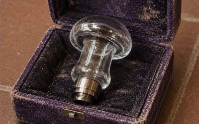 Found this strange glass mushroom-shaped object in a velvet-lined estate sale box. It has a metal connector on the bottom, almost like it plugs into something. Any idea what kind of machine or device it belonged to?.