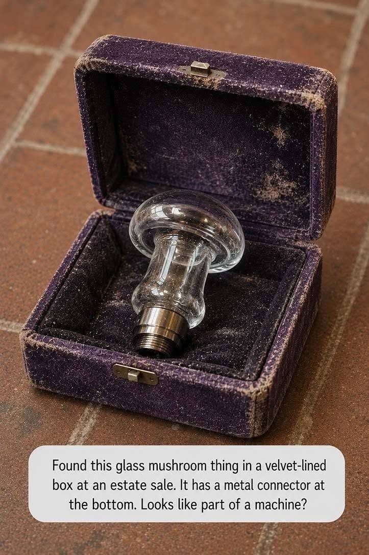 Found this strange glass mushroom-shaped object in a velvet-lined estate sale box. It has a metal connector on the bottom, almost like it plugs into something. Any idea what kind of machine or device it belonged to?.