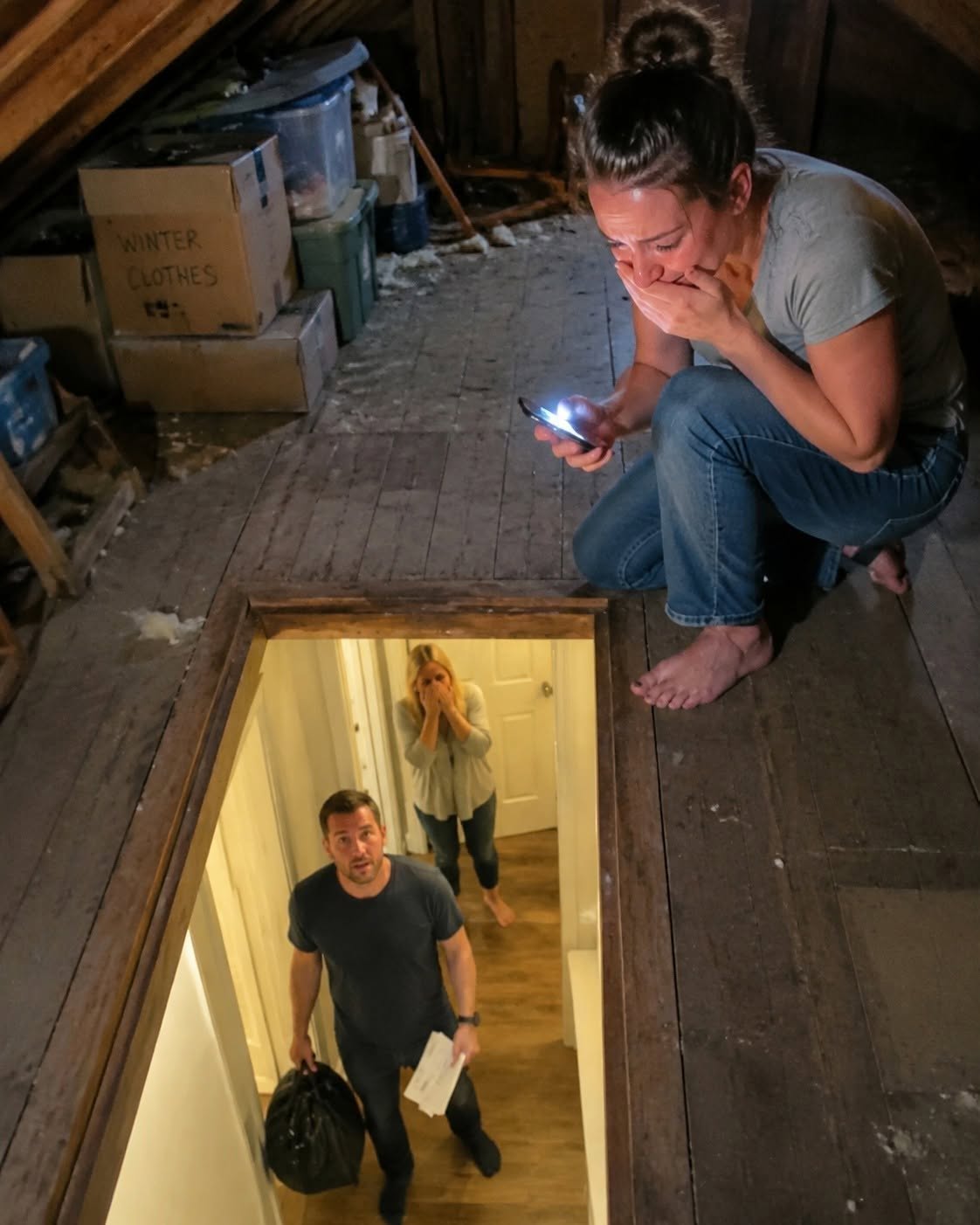 My sister called me at midnight and whispered, “Turn off every light. Go to the attic. Don’t tell your husband.” I thought she was losing her mind — until I looked through the floorboards…. – usnews
