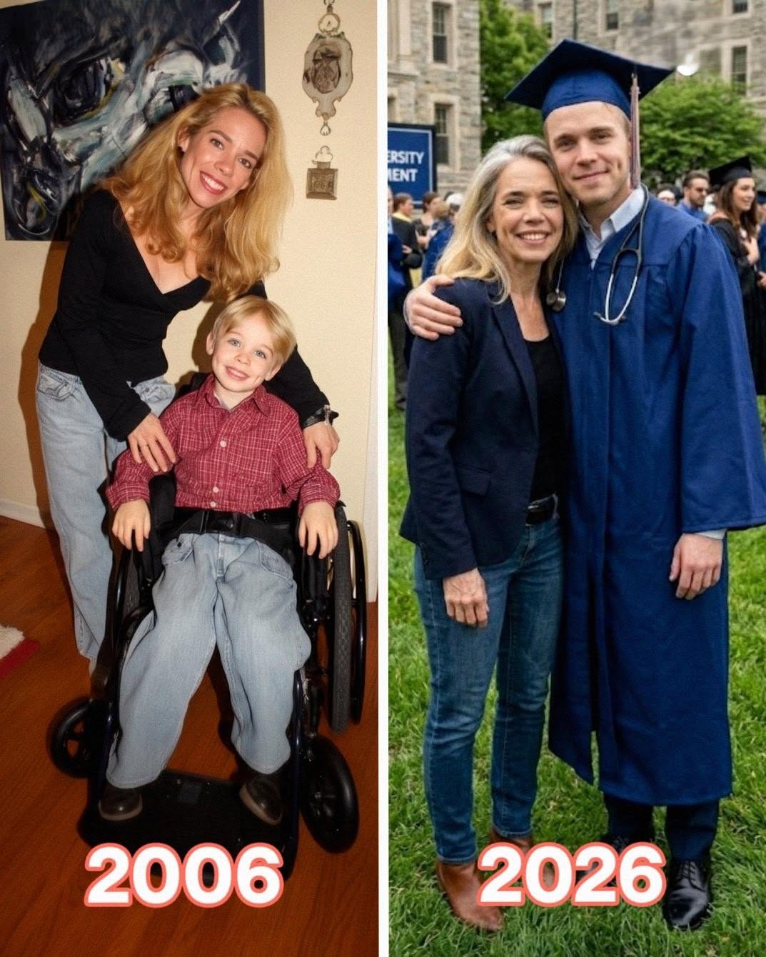 My ex-husband abandoned me when he learned our newborn son would be wheelchair-bound—25 years later, fate taught him a lesson. I’m 49, and the day my husband, Warren, left didn’t come with shouting or slammed doors. It came with silence. Our son was only a few hours old, curled against my chest, when the neurologist quietly explained he would be wheelchair-bound forever. I was still trying to breathe through it when Warren reached for his keys. He didn’t even look at his son. “I’m not doing this,” he said. “I didn’t sign up for a life like this.” And then he walked out of the delivery room like he was leaving a meeting that ran too long. The years that followed weren’t heroic. They were heavy. Hospitals that smelled like antiseptic. Forms I didn’t understand. Nights on the floor beside my son, stretching his legs while he cried, my own hands trembling from exhaustion. People would lower their voices when they spoke about his future. “Limited mobility.” “Adjusted expectations.” I learned to ignore them. Because by ten, he was correcting doctors. By fifteen, he was reading medical journals I could barely pronounce. He hated being pitied more than he hated pain. And miraculously… therapy turned into progress. What once required a wheelchair became a cane. A cane became something he used less and less. He got into medical school. Top of his class. Last week, a few days before graduation, I found him sitting quietly, his hands still, his jaw tight. “What’s wrong?” I asked. He hesitated. “Dad called,” he said. My chest went cold. “He wants to come. He found out I’m… walking.” Of course he did. I wanted to say no. To protect him. But my son just looked at me calmly and said, “I invited him.” Graduation day came fast. The hall was full. And then Warren walked in. Confident. Smiling. Like he had earned this. I felt sick. But I said nothing. When my son walked onto that stage—steady, strong—he looked at Warren and said, “Father, I rehearsed this for years.” And then, he did something that turned this from a graduation speech… into something Warren would never recover from. ⬇️