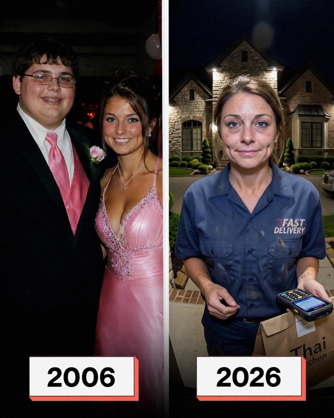 The school’s most beautiful girl invited me to prom while everyone else mocked me for my weight—20 years later, she didn’t recognize me, and I USED THIS CHANCE. In 2005, I lost both my parents in a car crash. I was the only one who survived. For months, I couldn’t walk. The grief made me gain weight fast. At school, I wasn’t a person anymore. They called me “The Whale.” So when prom season came, I already knew—I wasn’t going. Then one afternoon, Charlotte approached me. The head cheerleader. The most beautiful girl at school. Every guy’s dream. “Will you go to prom with me?” she asked. I looked behind me, thinking she meant someone else. “Is this a joke?” She shook her head. “My brother has Down syndrome. I know what it feels like to be treated differently. You’re kind. That matters.” That night changed everything. She danced with me. I felt important again. After graduation, she left to pursue modeling. I left town, rebuilt my life, lost the weight, and built a tech company. But I never forgot her. Twenty years later, I opened my door to a late-night dinner delivery— and froze. Charlotte stood there. Same eyes. Same dimples. But her uniform was worn, her hands trembling. “Your order, sir,” she mumbled. She didn’t recognize me. I tried to speak, but nothing came out. “Do you want some water?” I managed. “You look exhausted.” She shook her head quickly. “I can’t. My brother’s waiting. I’m his only caregiver.” She rushed off. From the window, I saw her struggling to start a rusted car. Then her shoulders began to shake. She was crying. That’s when I knew—I had to repay her, and I had exactly ONE day. I placed another order for the next evening. Requested her specifically. Left a note: “You forgot something. Come back.” The next evening, she stood at my door again, pale and anxious. “Did I do something wrong, sir?” she rushed out. “Please don’t complain—they’ll fire me.” “Come inside. You deserve to see WHAT you did,” I said. She stepped in, looked around—and clutched her heart. “Oh my God…” she whispered. “What is THIS?” Voir moins