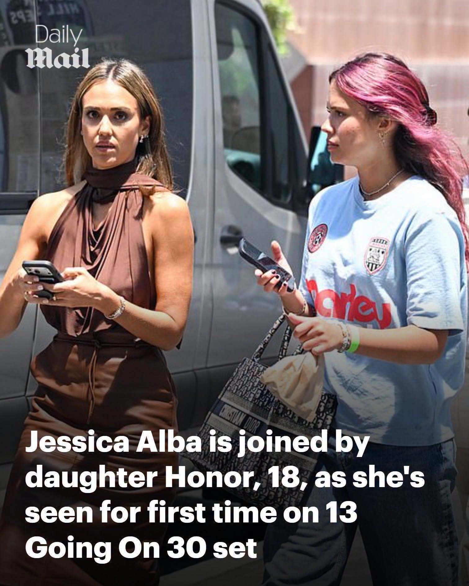 Jessica Alba is joined by pink-haired daughter Honor, 18, as she’s seen for first time on 13 Going On 30 set