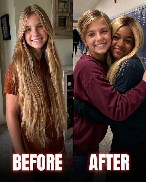 “My 12-year-old daughter cut off her hair to make a wig for a classmate with cancer — the next morning the principal called me and shouted, “”Come to school IMMEDIATELY! You wouldn’t believe WHAT HAPPENED!!”” Only three months ago, my husband died of cancer. Our daughter, Letty, was devastated. One evening, Letty stayed in the bathroom much longer than usual. “”Hon, can I come in?”” I asked, knocking on the door, but it swung open right away. I noticed long blond strands scattered across the floor. My beautiful, long-haired girl stood in front of the mirror with her hair hacked off to her shoulders. Uneven. Jagged. Her hands were shaking. “”Letty… what did you do?”” I whispered. She looked at me, lips trembling, and said, “”There’s a girl in my class named Millie. She has cancer. Today, everyone saw she had no hair. The boys laughed. She cried in the bathroom, Mom… and I couldn’t stand it.”” Letty swallowed hard and held out the hair, neatly tied with a ribbon. “”I read that people can make wigs from real hair. I know mine won’t be enough by itself… but maybe it can still help.”” Letty’s father had gone through that too. After treatment, he had to shave his head, and Letty never forgot it. I pulled her into my arms and held her so tightly she could barely breathe. “”Your dad would be so proud of you,”” I whispered. That very evening, we took the hair to a salon to have it turned into a wig. When Letty brought the finished wig to school, she was glowing with happiness. And so was I. Until my phone rang. It was the principal. His voice was tense. “”You need to come to the school right away. It’s about Letty.”” My hands went cold. “”Is Letty okay?”” “”It would be better if you saw this WITH YOUR OWN EYES. You need to come IMMEDIATELY.”” I dropped everything and drove to the school with my heart pounding. When I got there, the principal met me outside his office. His face was pale. “”Come into my office, NOW,”” he said. I opened the door—and WHAT I SAW in that room nearly made me COLLAPSE.