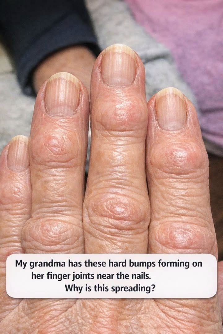 My grandma has these hard bumps forming on her finger joints near the nails. Why is this spreading?