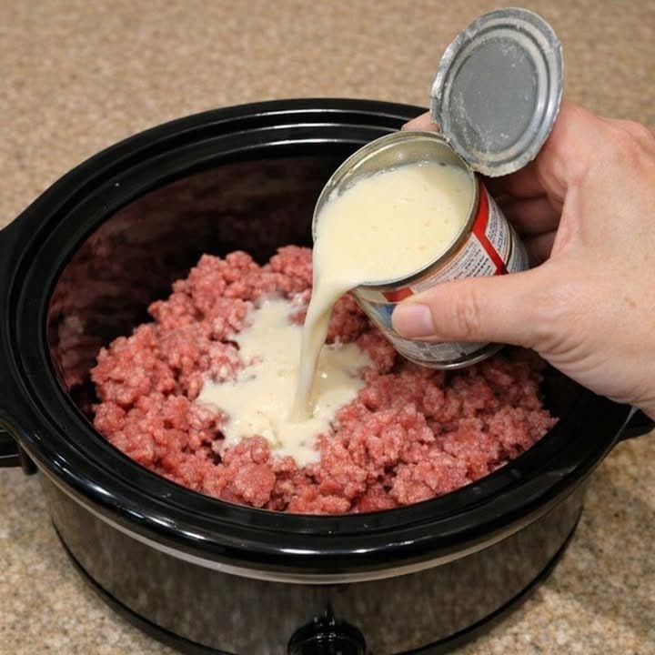 Pour canned evaporated milk over raw ground beef, alongside 3 ingredients, into slow cooker for a simple meal that’s my default when I don’t know what to make
