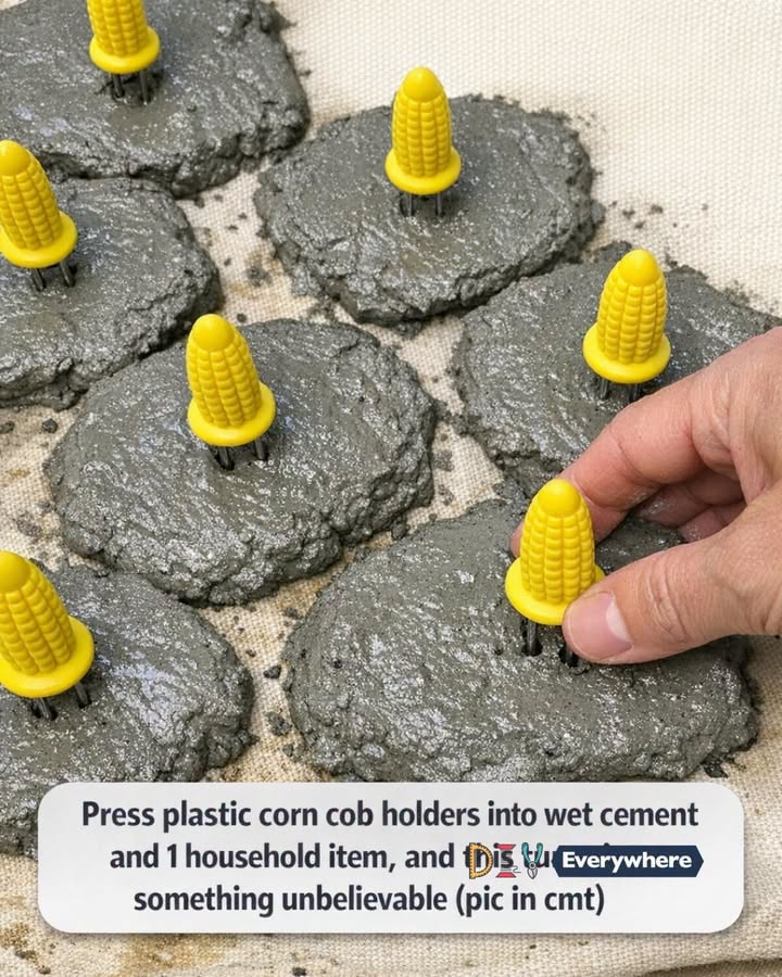 Press plastic corn cob holders into wet cement and 1 household item, and this turns into something unbelievable