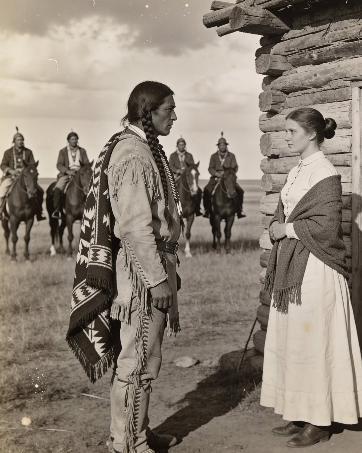 She’d lived alone for fifteen years. Then seven horsemen appeared on the ridge. The desert doesn’t forgive silence; it swallows it whole. For fifteen years, the only voice Kora Abernathy heard was her own, and most days she didn’t bother speaking. There was nothing to say and no one to say it to. Just a hundred acres of hard Arizona land, a log cabin built by her father’s hands, a vegetable garden that battled the sun every single day, and a mountain spring that kept everything—barely—alive. She’d grown up in this valley. And after a fever struck it in a single, brutal season, taking both her parents, she never left. Her father had spent her entire childhood teaching her how to survive alone: ​​how to track game on the cracked clay, how to predict a storm before it hit, how to shoot straight when danger was near. The last lesson he taught her was the most Difficult: never depend on anyone. People die. The land remains. So she learned to live in silence. Until morning, when the birds stopped singing.” singing. Kora noticed it first: that sudden silence. She was chopping wood when the sparrows near the spring suddenly fell silent, as if the world had held its breath. Her hand moved toward the Colt at her hip before she even looked up. Seven horsemen stood on the western ridge. They weren’t charging. They weren’t shouting. They were descending the rocky slope like water: slowly, deliberately, as if they had all the time in the world. Seven Apache warriors on painted ponies, their faces unreadable in the morning light. Kora planted her boots in the dirt and didn’t move. The lead rider dismounted when they were about fifty yards away. Even from this distance, he was unmistakably imposing: broad shoulders, long black hair pinned by a single eagle feather, a face that seemed to have been shaped by the very mountains that rose behind him. He handed the reins to the man beside him and walked toward her. Slowly. Calmly. His hands fully open at his sides. He drew his pistol and cocked the hammer. “That’s enough.” He stopped. He studied her. There was no anger on his face, no threat, just a deep, quiet seriousness that somehow made her more uneasy than anger would have. “My name is Gotchimin,” he said. His voice was low and calm. “I didn’t come for water. I didn’t come for war.” “Then what do you want?” He stared at her without blinking. “I came to ask you to be my wife.” The words fell like a stone into the still water. Kora stared at him. She expected threats, demands, deception, not this. Not something that made absolutely no sense. “You have to leave,” she said. When he didn’t move, she fired: a warning shot that raised a cloud of dust inches from her boot. He looked down at the mark in the dust, then back at her. “You’re a good girl.” “One shot,” he said simply. “But there are seven of us.” His eyes moved slowly over the farm: the vegetable garden, the woodpile, the worn door of the cabin, the single pair of boots drying on the fence post. “You fight this land alone,” he said. “Every day. Every season.” Then he looked back at her. “With us, you’d never fight alone again.” She slammed the door. But she stood there, watching. And they didn’t leave. They camped right there, on the edge of her land. And they stayed. Not threatening. Not demanding. Simply present. They hunted in the hills, tended their horses, talked quietly around a small fire at night. One morning, Kora found a carefully cleaned, skinned rabbit on her doorstep. After a storm had knocked down part of her fence, two of the warriors approached without a word, repaired it, and then returned to camp. They never asked her anything. They never crossed the line she’d drawn in the dirt. Day by day, her suspicions faded. Nearly two weeks after their arrival, Gotchimin approached the edge of her property at sunset and called her name. She looked out the door. “My father was killed in these mountains sixteen years ago,” she said. “Hunters Mexican bounties. They shattered his leg. He crawled into a cave and prepared to die.” Kora remained still. “A white man found him.” Gotchimin paused. “Hair the color of corn silk. Eyes like the summer sky. He took my father back to his house and hid him for two weeks while hunters searched. He and his wife nursed him back to health. When my father finally got back on his feet, he swore a solemn oath: when their daughter